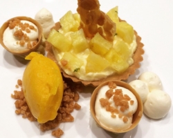 tartelette sablée à la mousse de citron, ananas infusé (menthe &amp;amp; verveine), mousse de chocolat blanc, sorbet mangue, nougatine