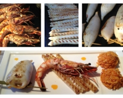 Encornet farci, gambas grillées, asperges à la plancha (huile de chorizo), pâtes à la grecque